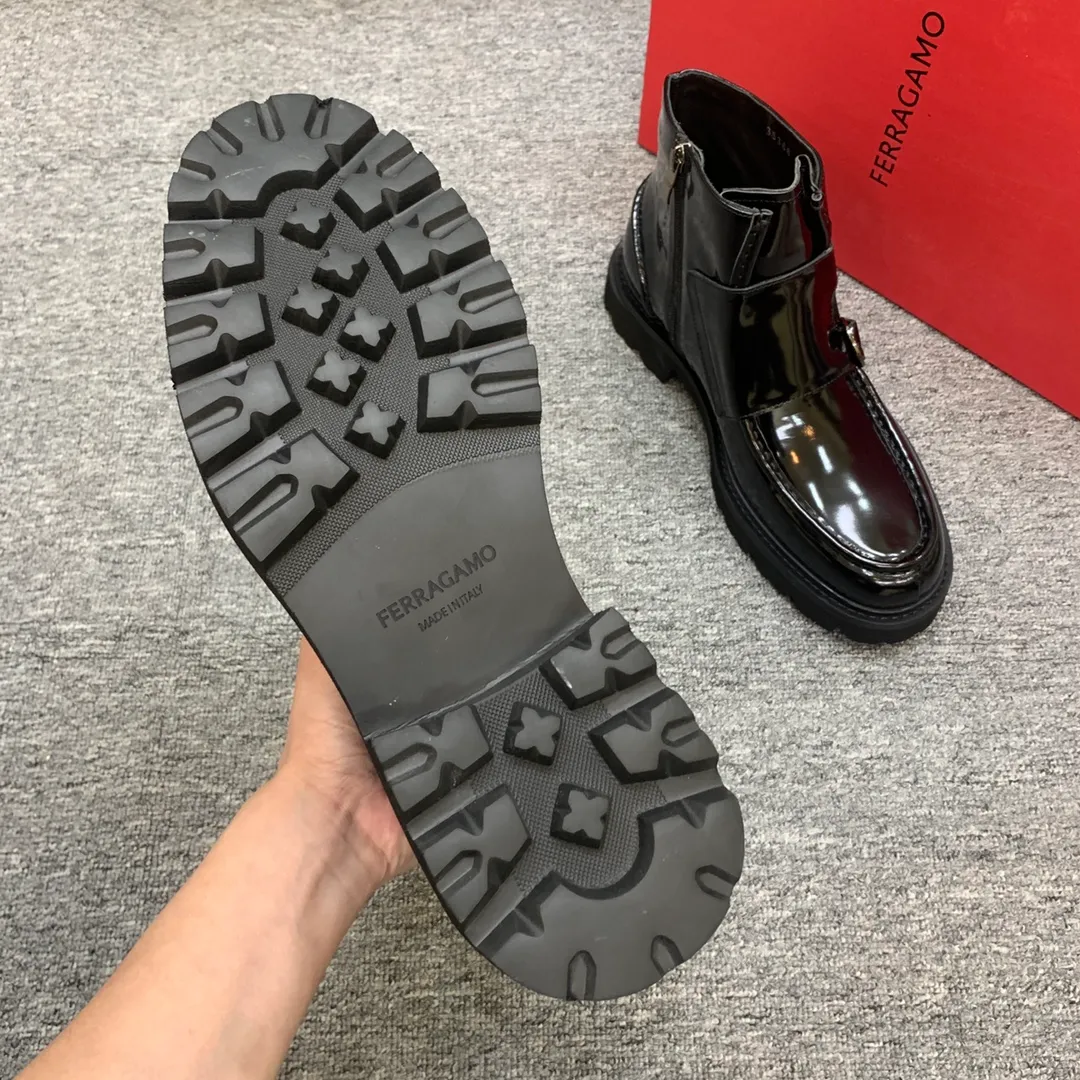Men's shoes 💰960 🎁🎁🎁😈[Ferragamo] Men's high-top boots, the latest hot style, 1:1 original purchase quality, top quality, imported cowhide for the uppers, imported cowhide for the lining and feet, with original lightweight foam outsole, matching code 39-44, (38, 45 custom-made, non-refundable)
